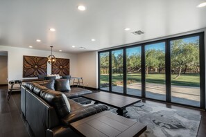 Télévision, cheminée, table de tennis de table, chaîne hi-fi