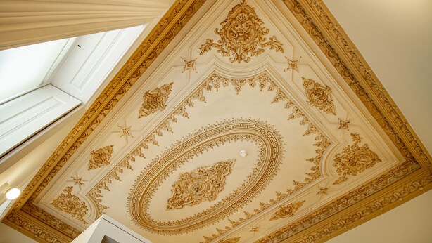 Un techo con detalles ornamentales en oro y un tragaluz.
