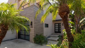 En moderne bygning med en betonfacade, en dør med nummer '243', og frodigt grønt, herunder palmer og andre tropiske planter.
