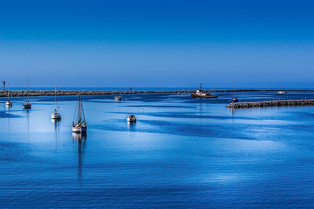 A calm harbor with several boats anchored near a breakwater.