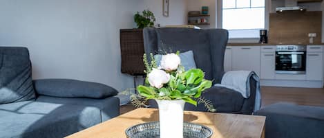 50-inch LED TV with cable channels, TV, fireplace