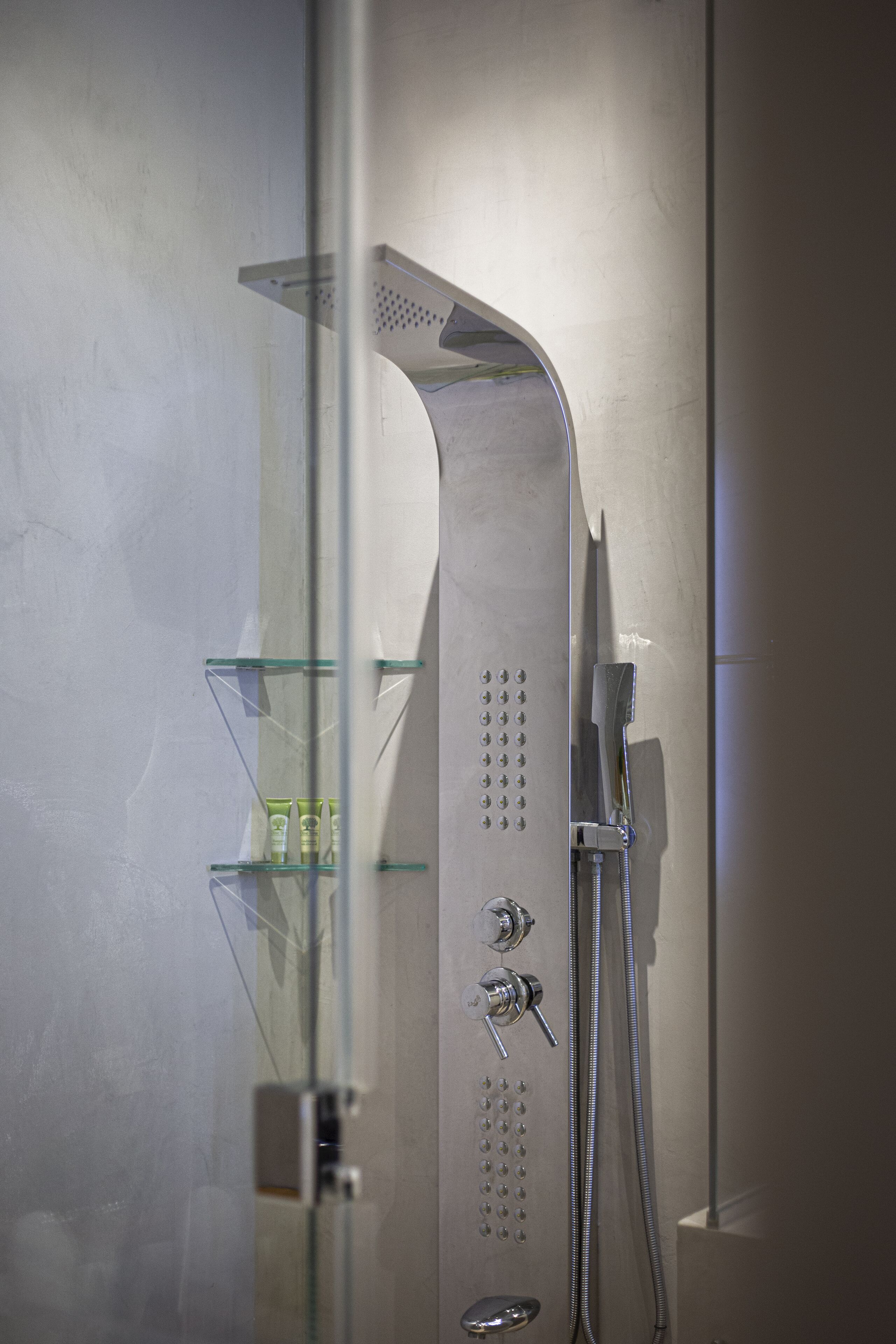 A modern shower enclosure with a glass door, a showerhead, and a control panel.