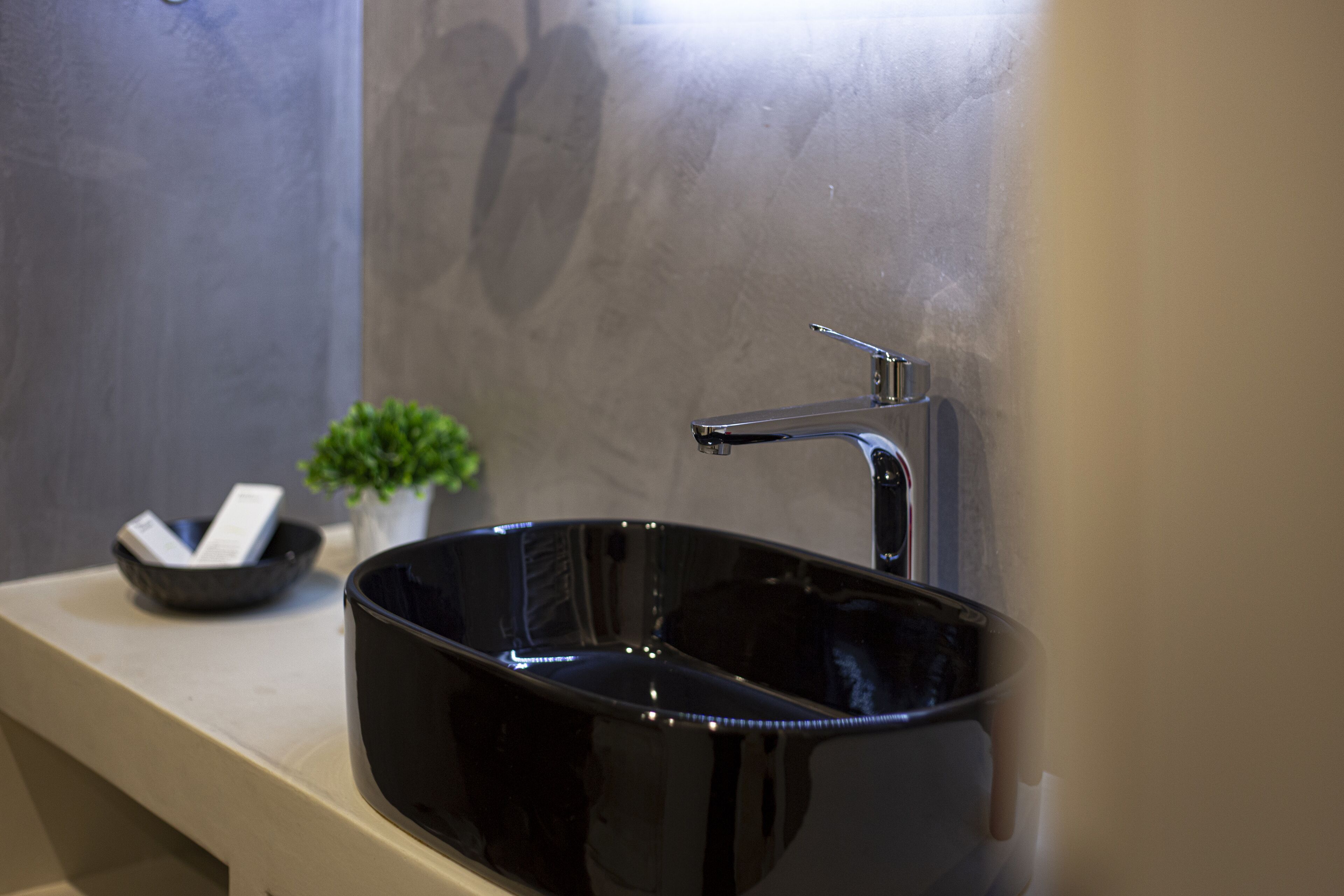 A modern bathroom with a black vessel sink, a small potted plant, and a bowl on the countertop.