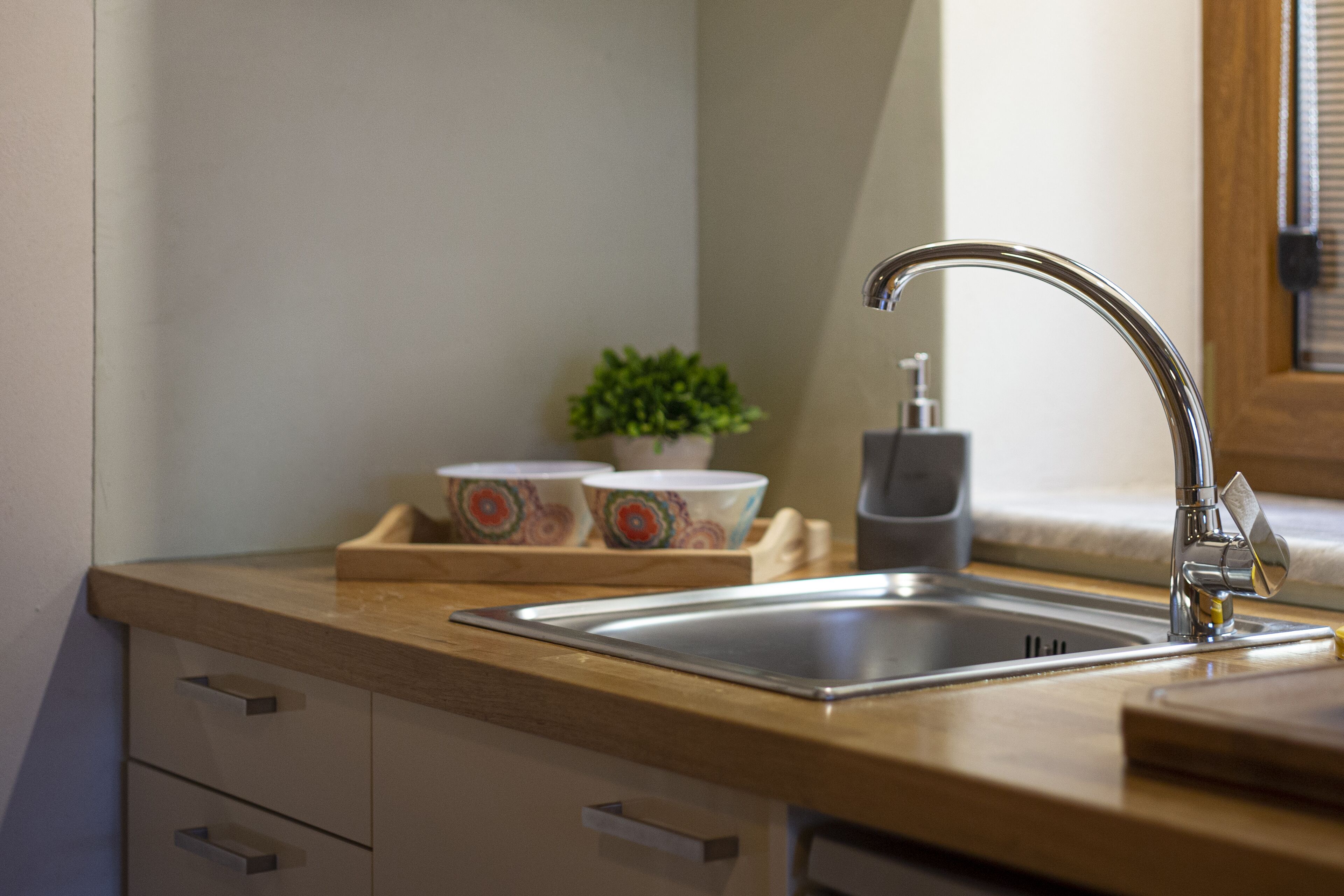 A kitchen with a stainless steel sink, wooden countertop, and a small potted plant.