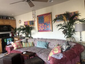 Un salon chaleureux avec un canapé à motifs, une table basse en bois et un ventilateur de plafond. On y trouve deux grandes plantes en pot et un téléviseur fixé au mur.