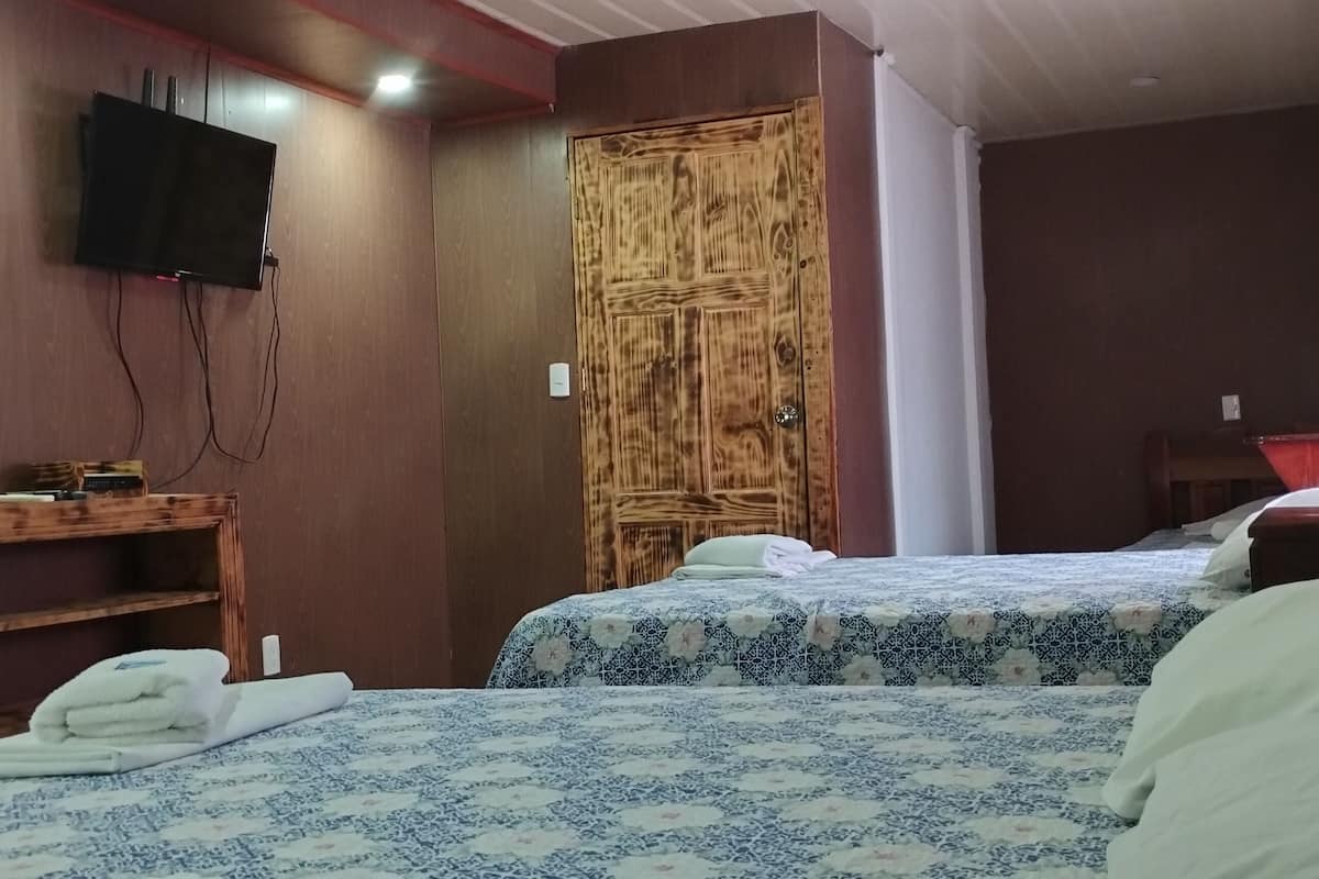 A hotel room with two beds, a wooden desk, a television, and a large wooden door.