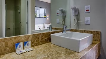 Shower, free toiletries, hair dryer, towels