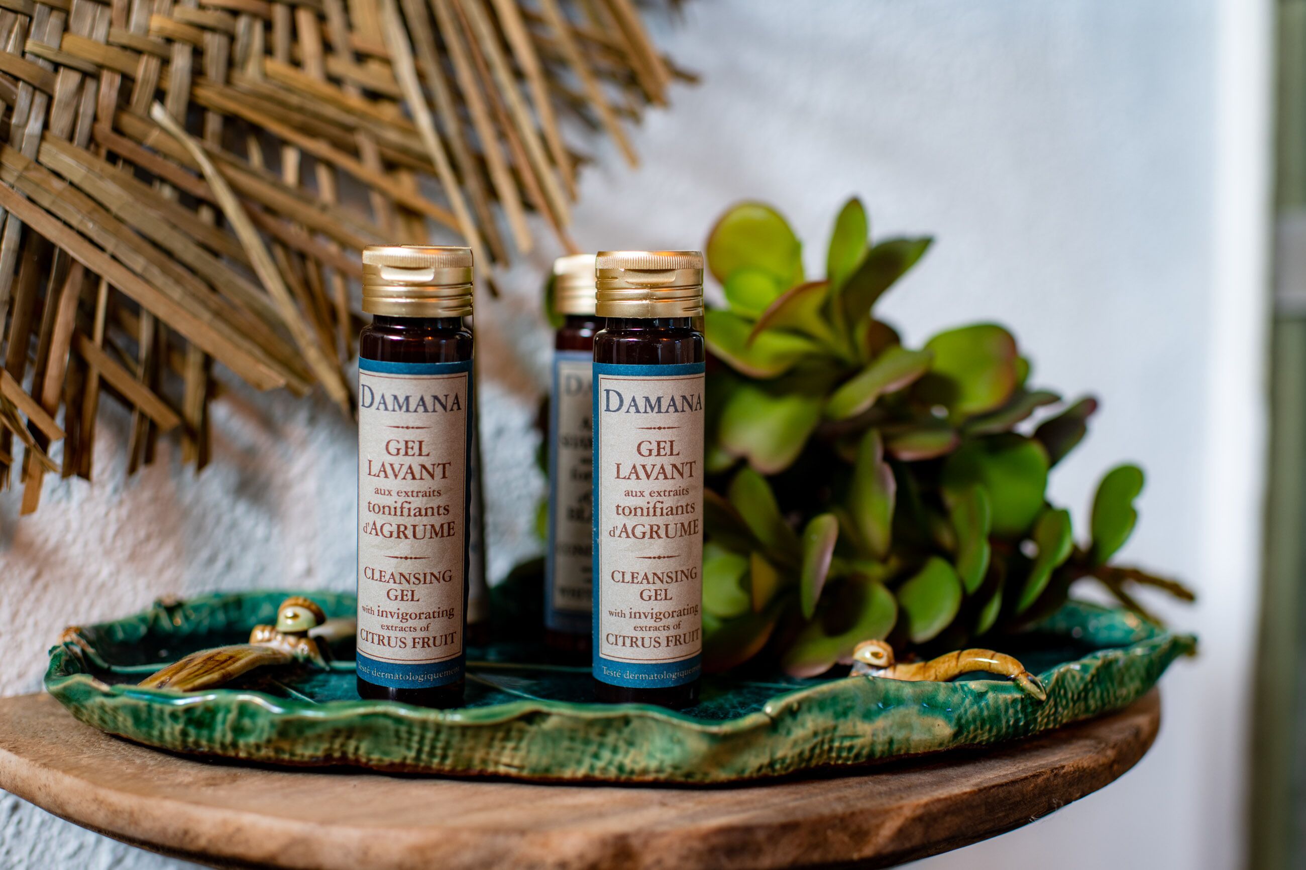 Dos botellas de Damana Gel Lavant sobre una bandeja de madera con un cuenco decorativo verde y una planta.