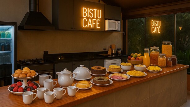 Een ontbijtbuffet met diverse soorten eten en een BISTU CAFE bord.