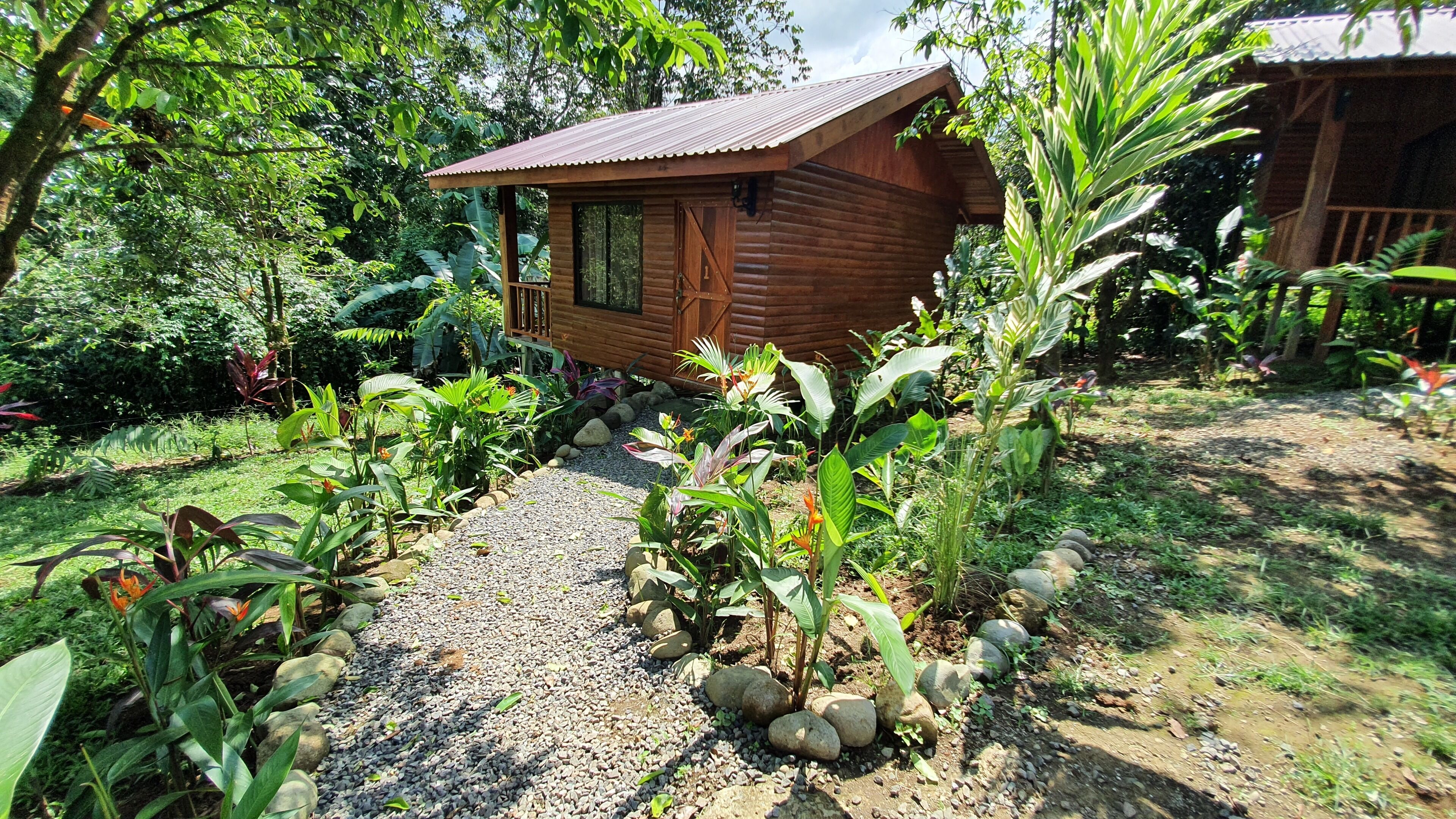 Eine Holzhütte mit einem Kiesweg, umgeben von üppiger tropischer Vegetation.