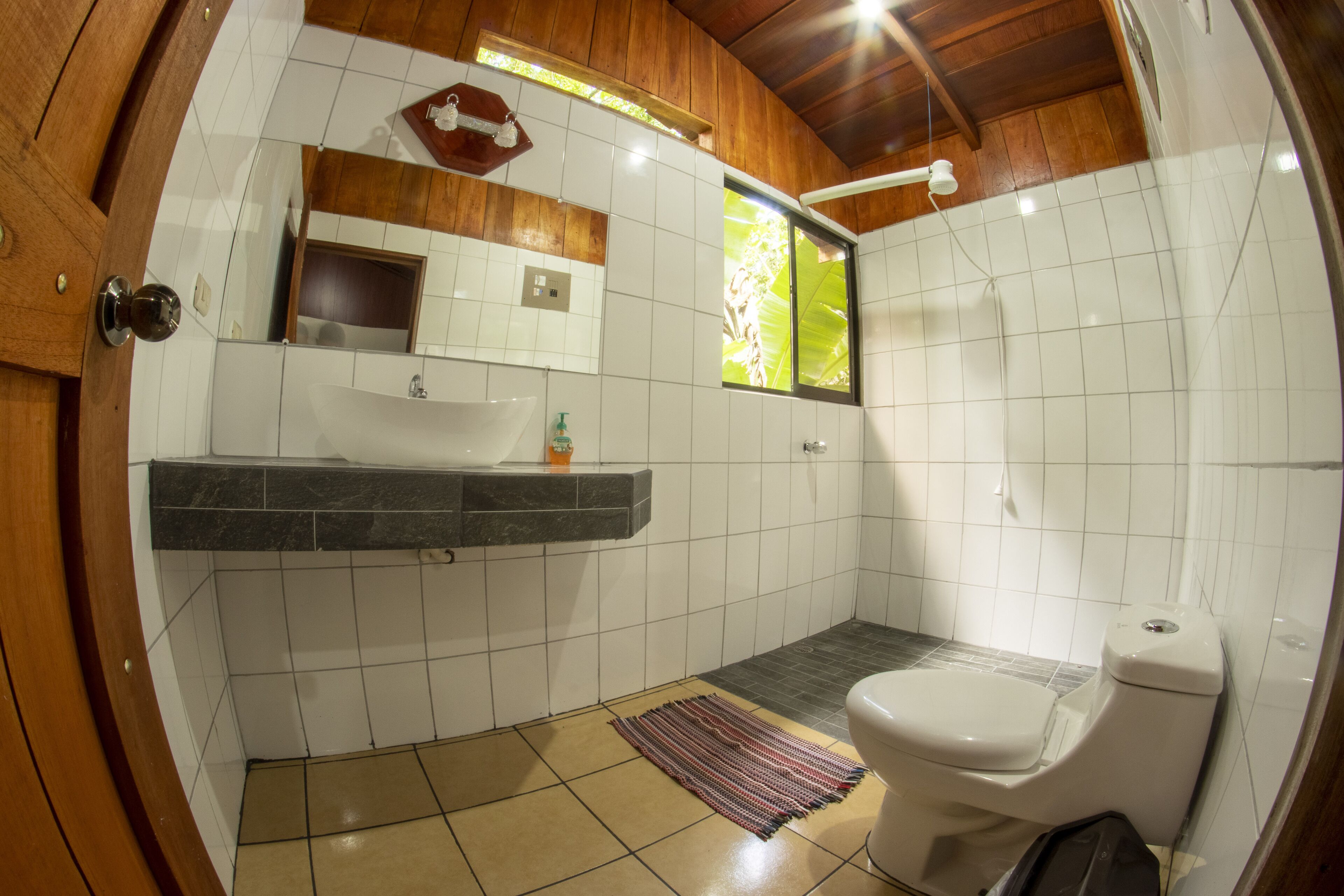 A bathroom with a sink, mirror, toilet, and shower.