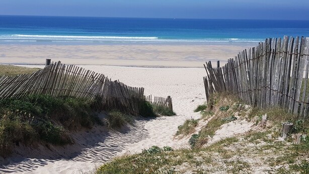 A sandy beach with a wooden fence leading to the ocean.