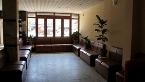 A spacious living area with a large sofa set, a potted plant, and a view through large windows. - Hotel Pomelo House (Kathmandu)