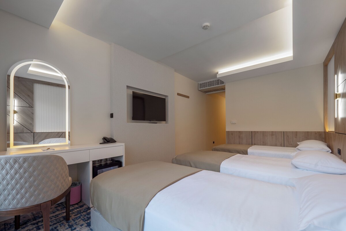 A hotel room with a bed, a desk with a mirror, a television, and a ceiling light.