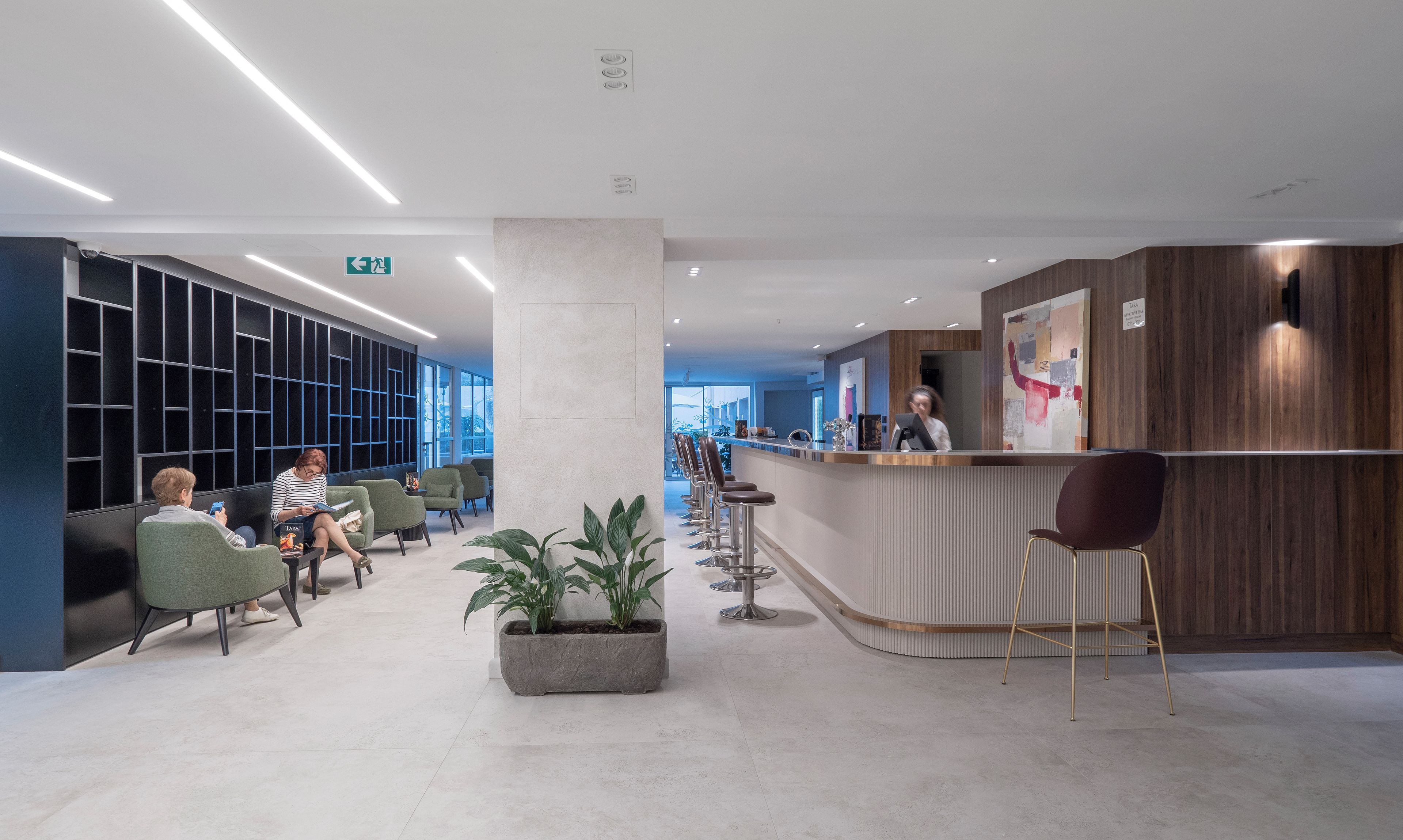 A modern reception area with a counter, seating, and a large potted plant.