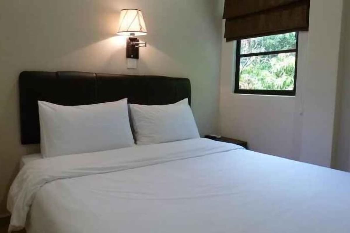 A bed with white linens, a wall-mounted lamp, and a window with a view of greenery.