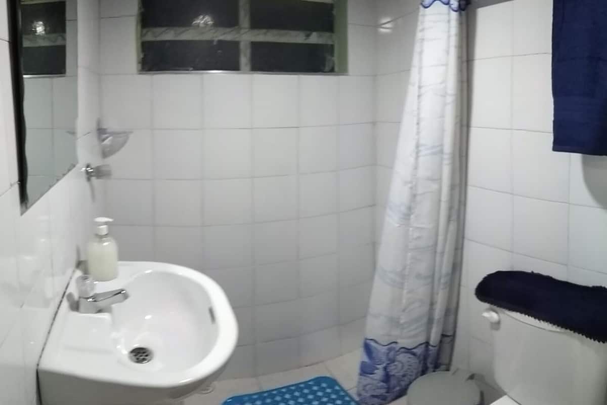 Ein kleines Badezimmer mit Waschbecken, Toilette und Duschvorhang.