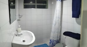 Une petite salle de bain avec un lavabo, des toilettes et un rideau de douche.