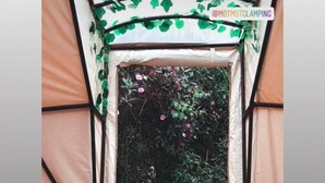 A person lying on a bed in a tent-like structure with a view of a garden. - Mot Mot Glamping (Filandia)