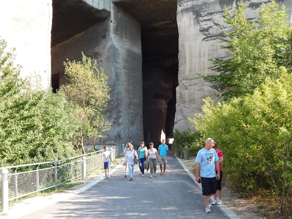 Un sendero peatonal bajo una gran formación rocosa, con una cerca metálica a un lado y árboles al otro.