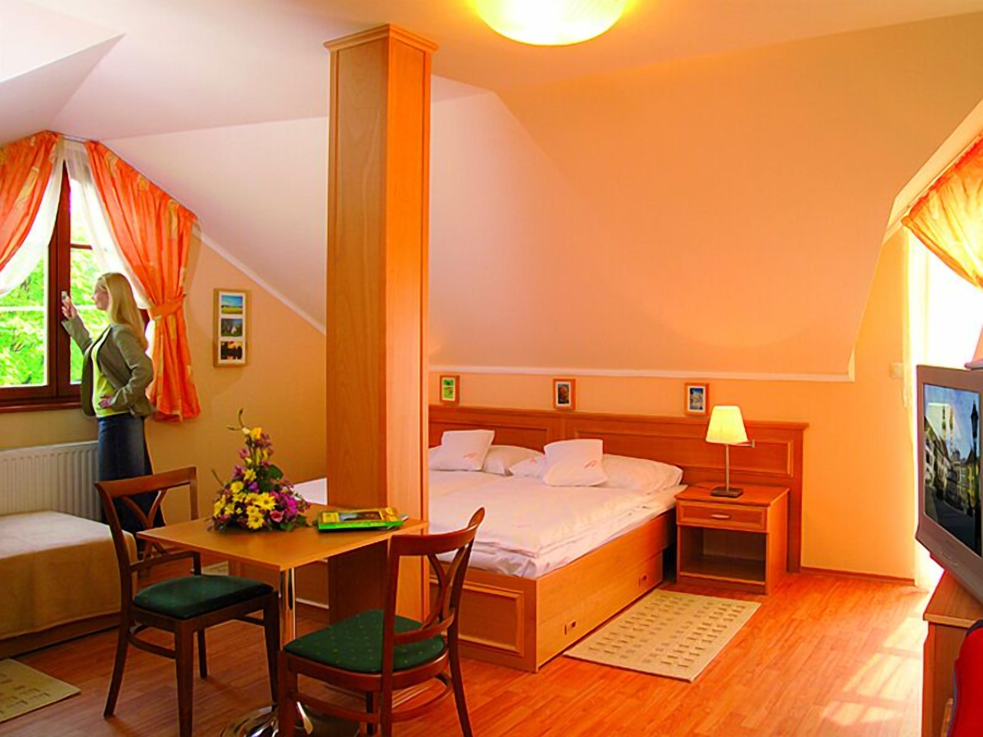 Habitación de hotel con cama, mesita de noche, lámpara, televisión, suelo de madera y una ventana con cortinas.