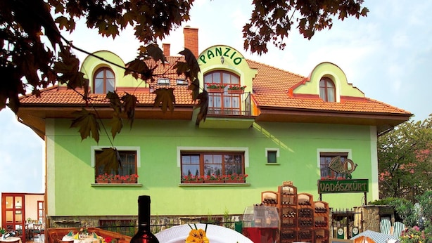 A green building with a sign reading "PANZIO" and "VADASZKURT".
