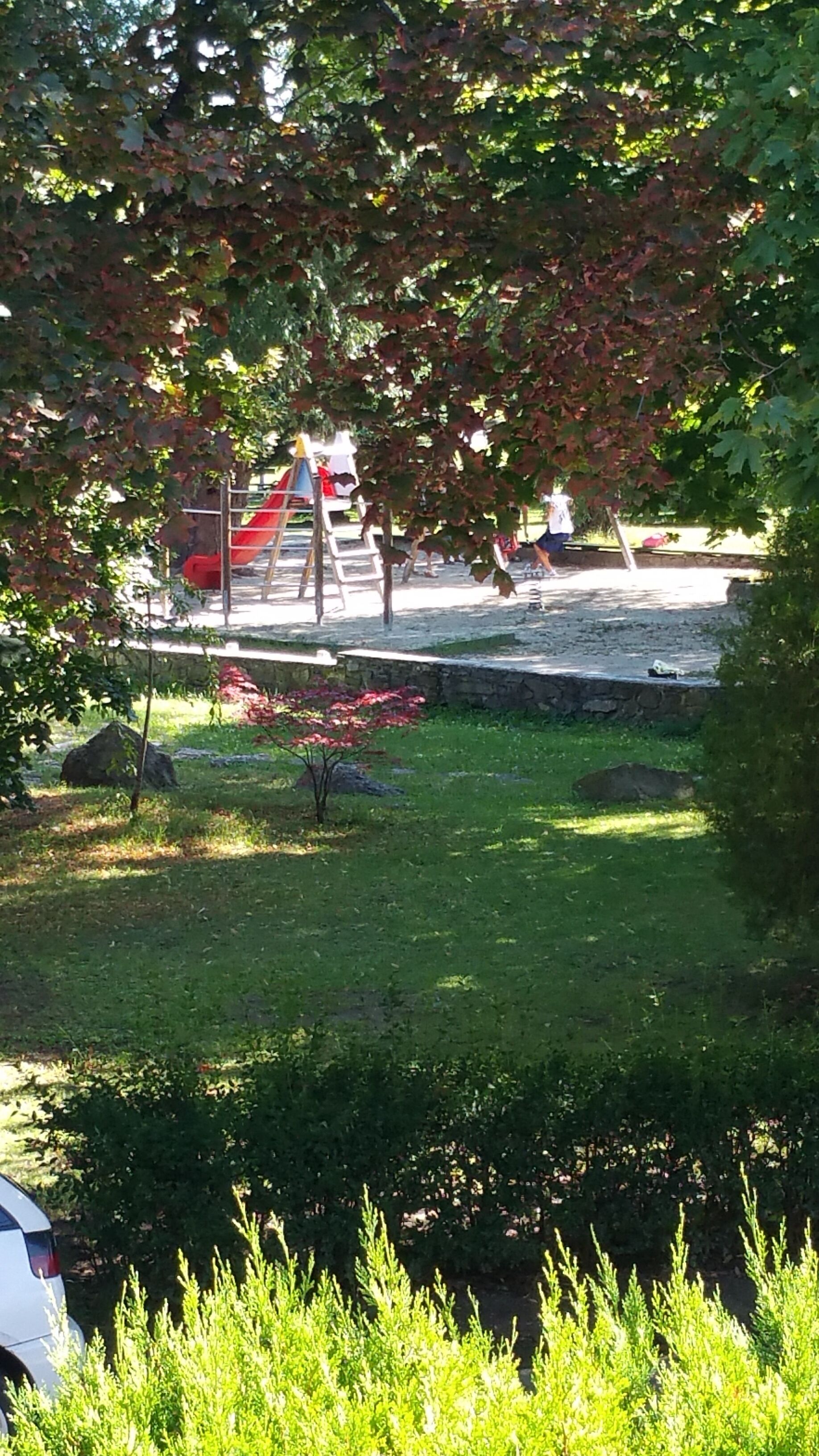 Ein Spielplatz mit Rutschen und Klettergerüsten, umgeben von Bäumen und Gras.