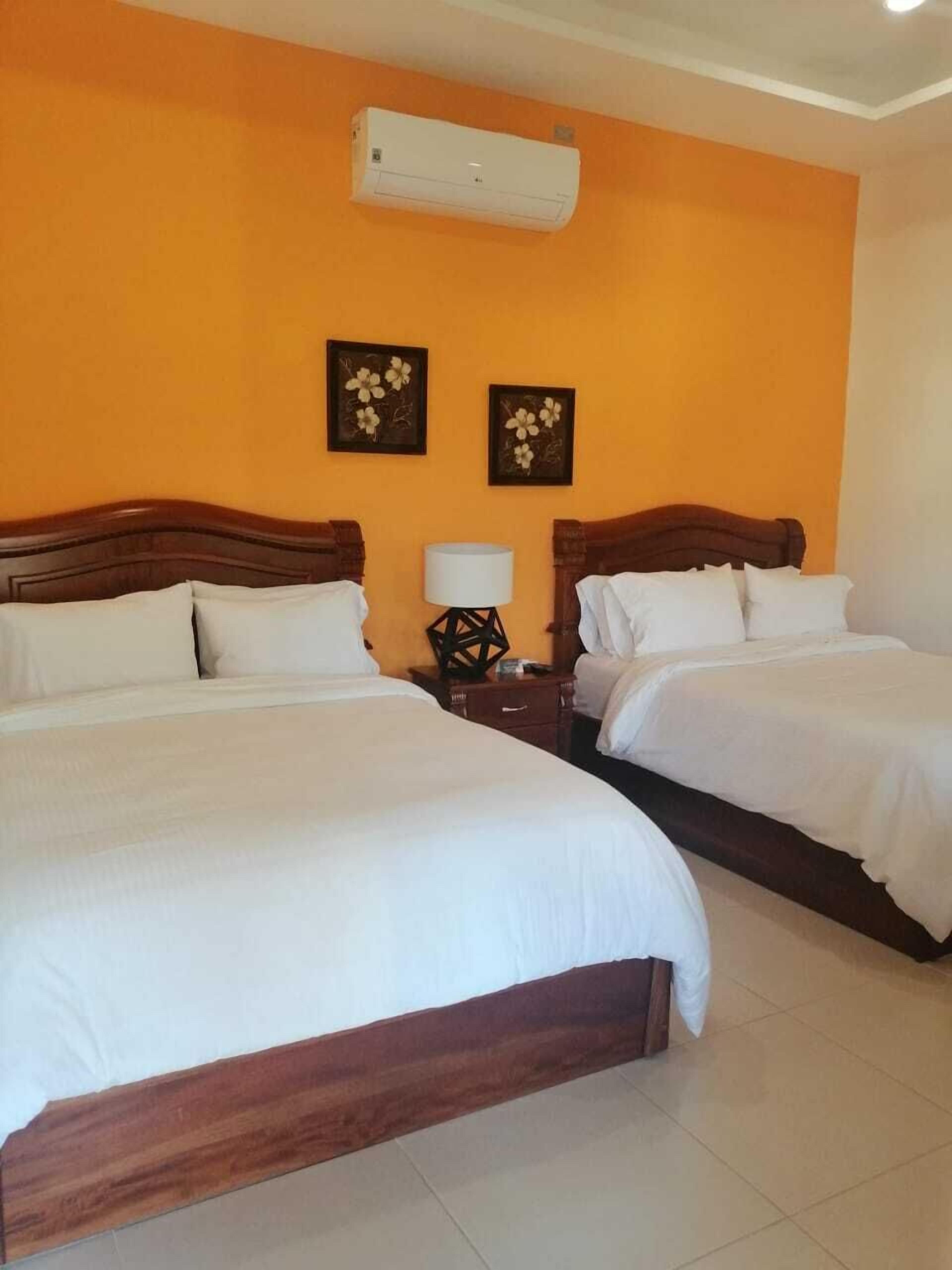 Habitación de hotel con dos camas, aire acondicionado y dos cuadros de flores colgados en la pared.