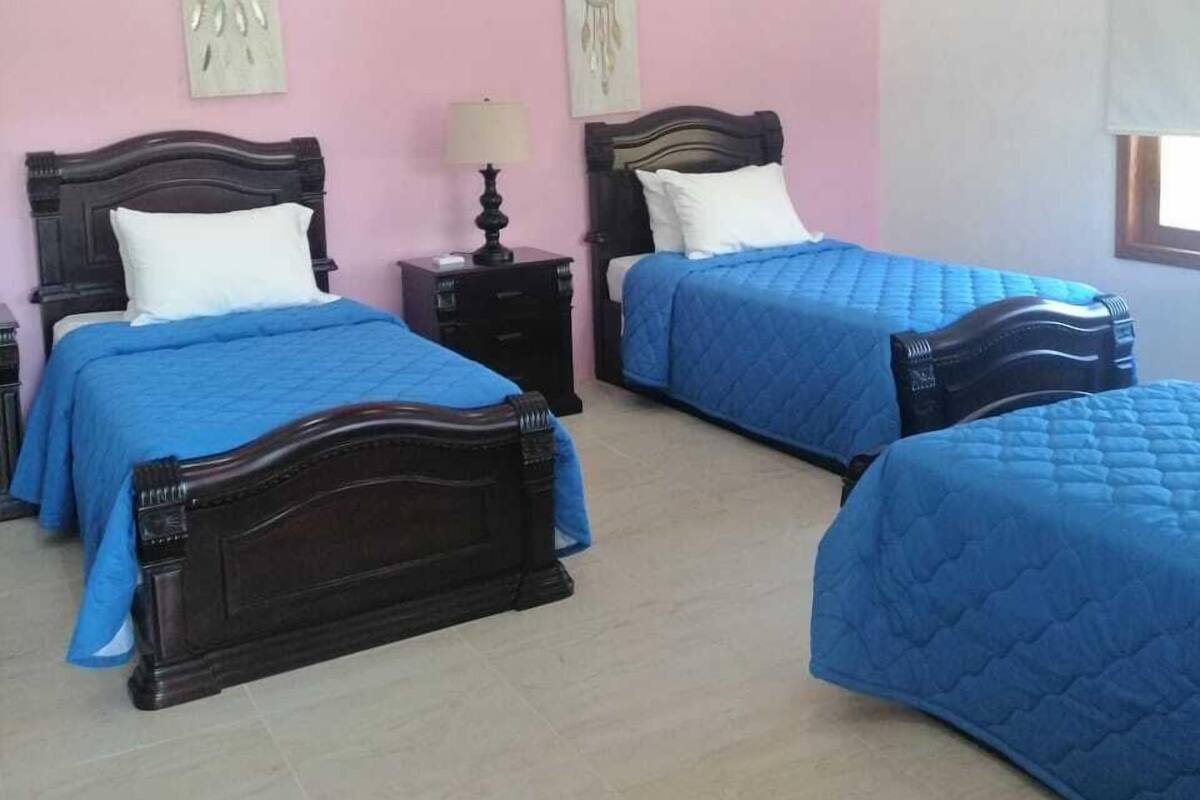 A bedroom with two beds, pink walls, and a ceiling fan.