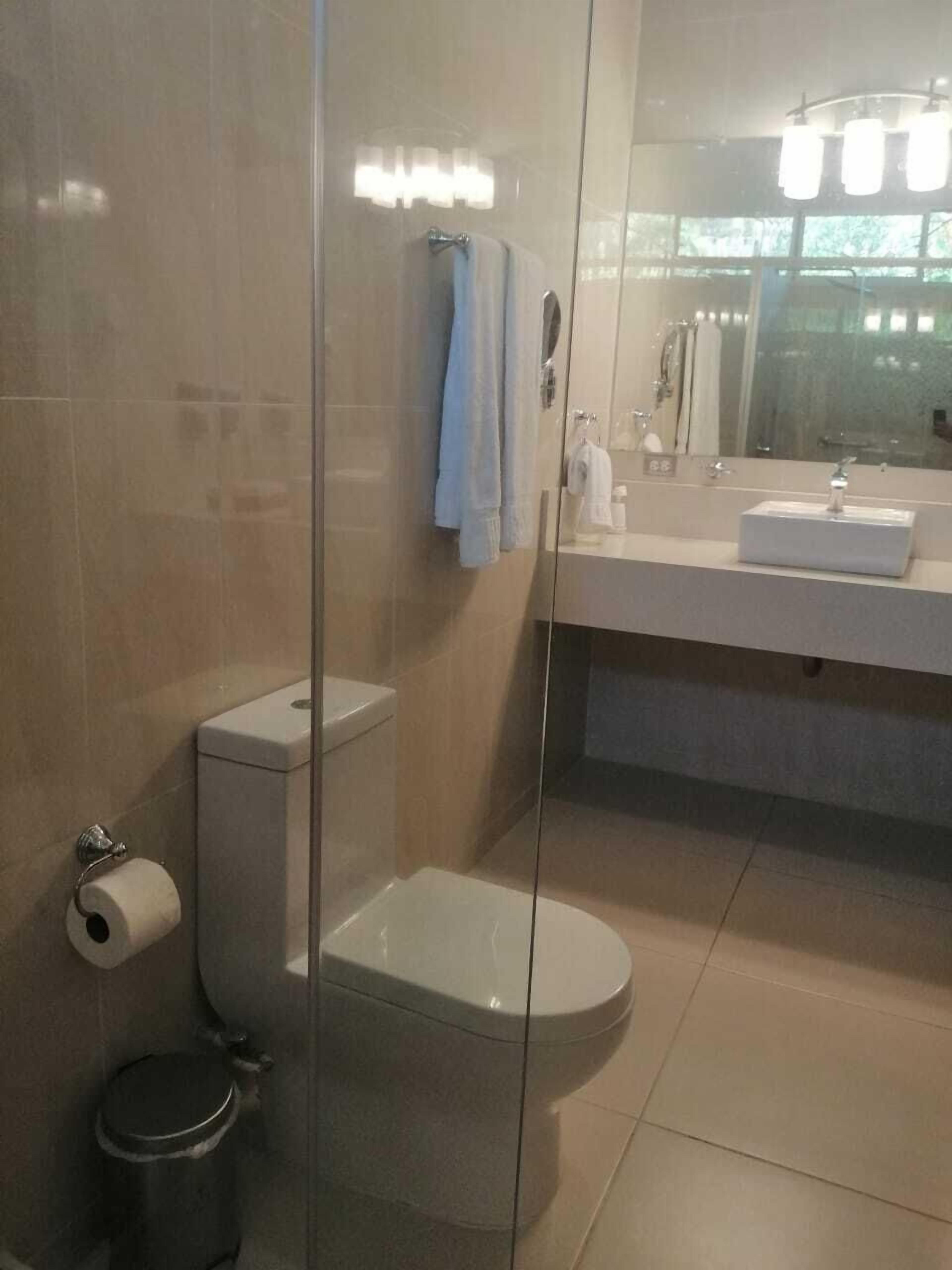 Buồng tắm vòi sen, máy sấy tóc, khăn tắm, xà phòng 
