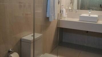 Buồng tắm vòi sen, máy sấy tóc, khăn tắm, xà phòng