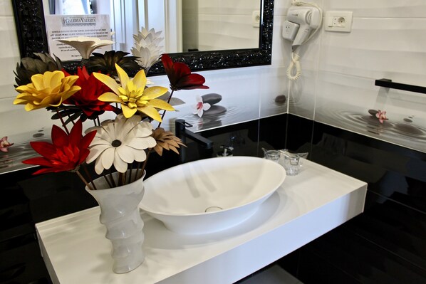 Chuveiro, secador de cabelo, toalhas de banho, shampoo