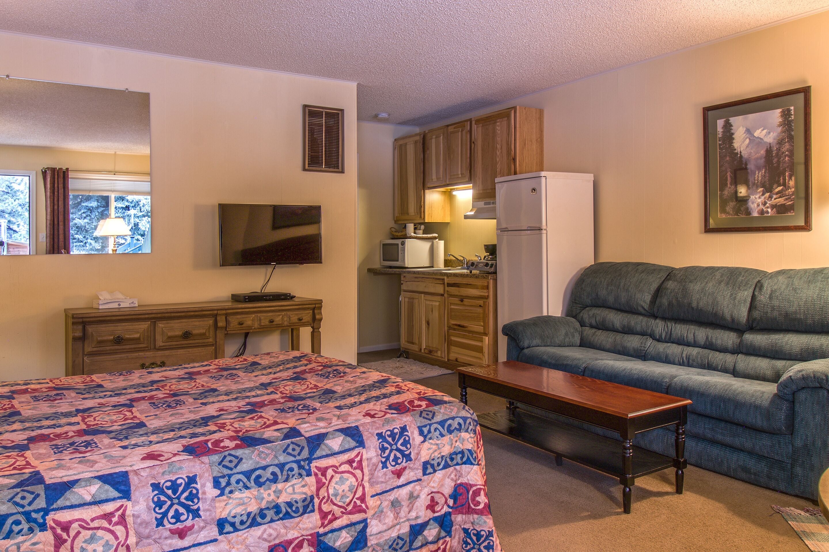 A compact living space with a bed, a sofa, a small table, a kitchenette, and a television.