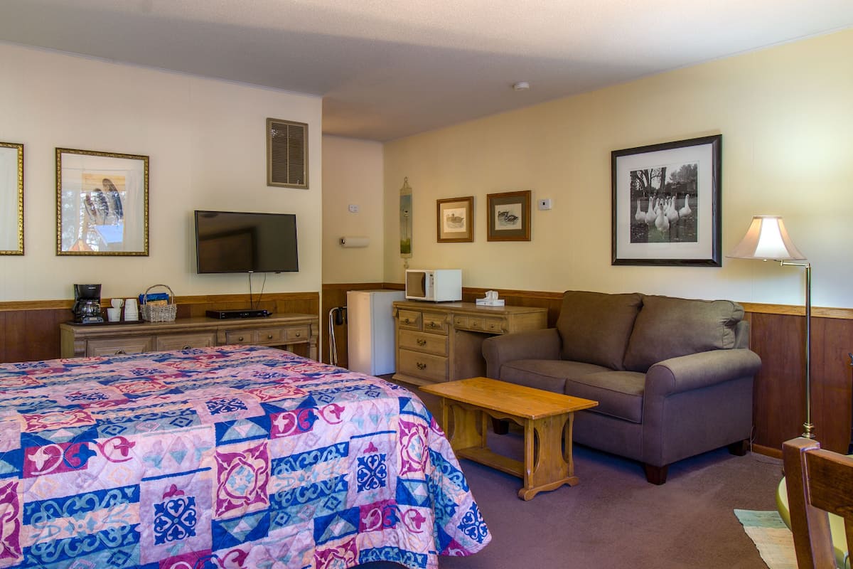 Una habitación de hotel con una cama grande, un sofá, un televisor, un escritorio y una lámpara.
