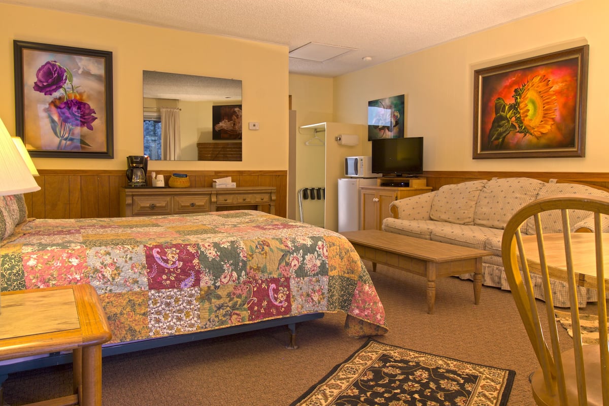Habitación de hotel con cama, sofá, televisor y un cuadro en la pared.