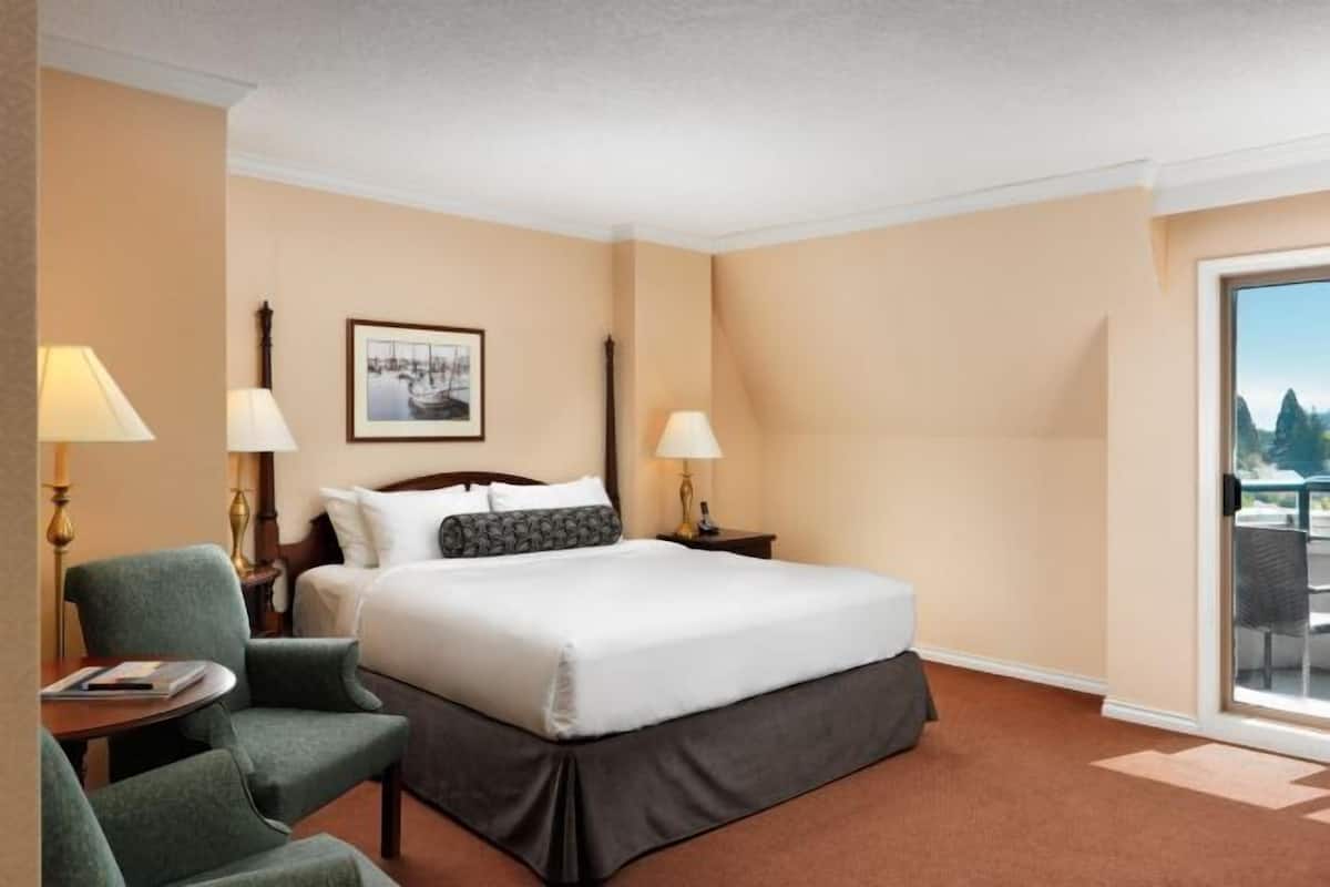 A hotel room with a large bed, two bedside tables with lamps, a chair, and a view of the outdoors through a sliding door.