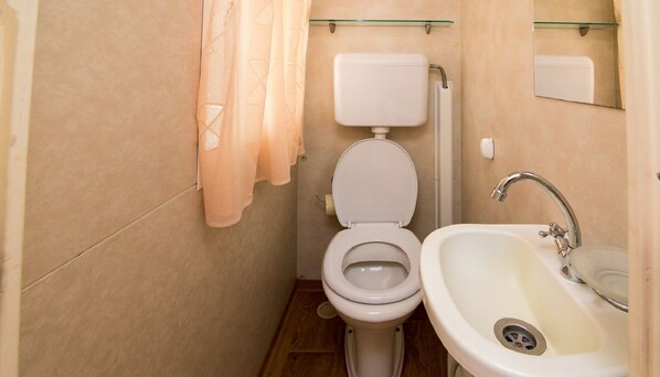 A small bathroom with a toilet, sink, and glass shelf above the toilet. - Mobile Home Frangipani 3 (Biograd)