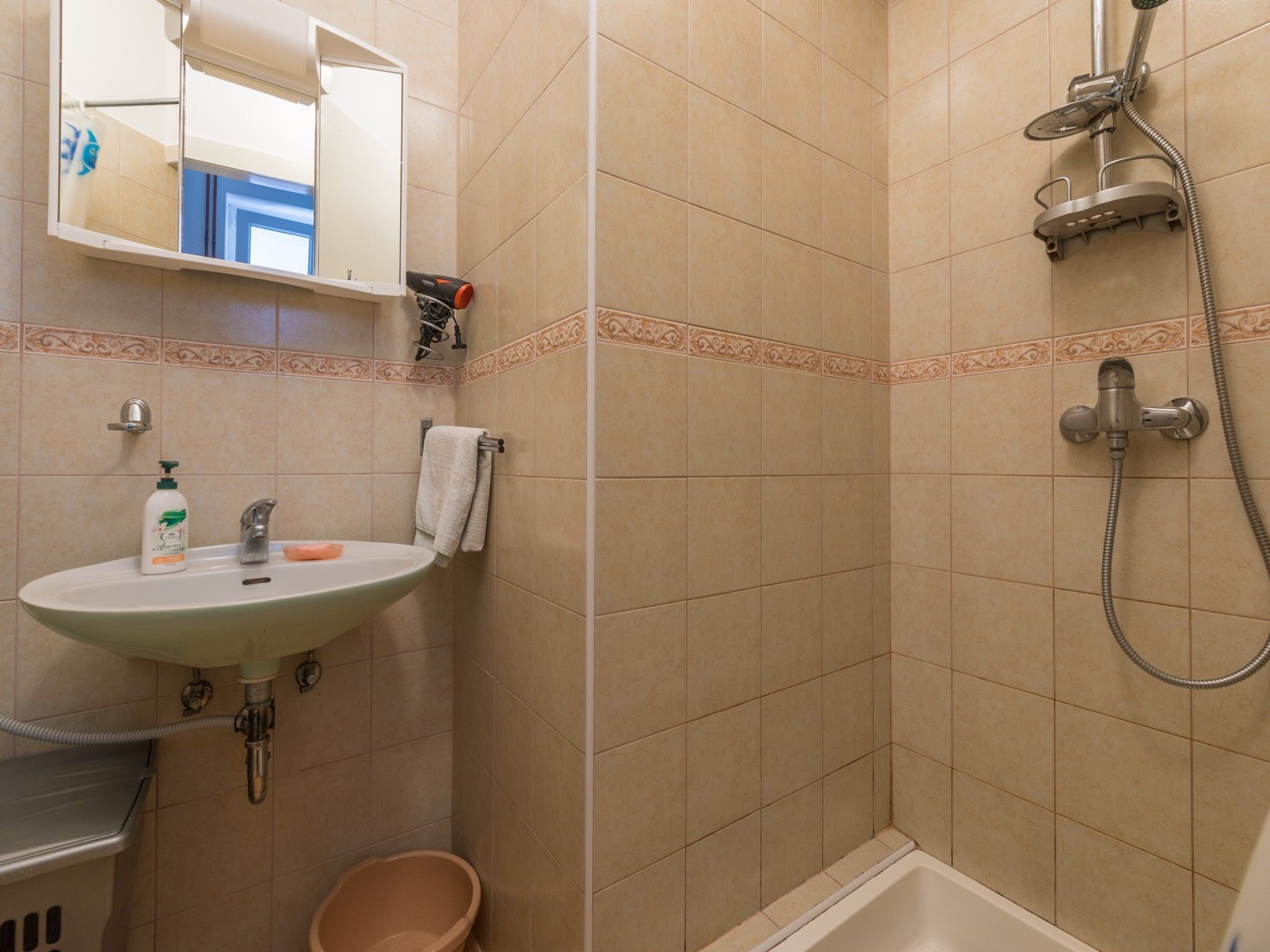 A bathroom with a sink, mirror, towel rack, shower, and a small basin.