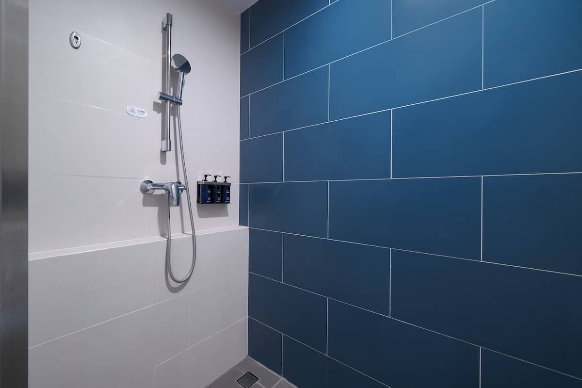 A shower area with a handheld showerhead, a wall-mounted faucet, and a control panel.