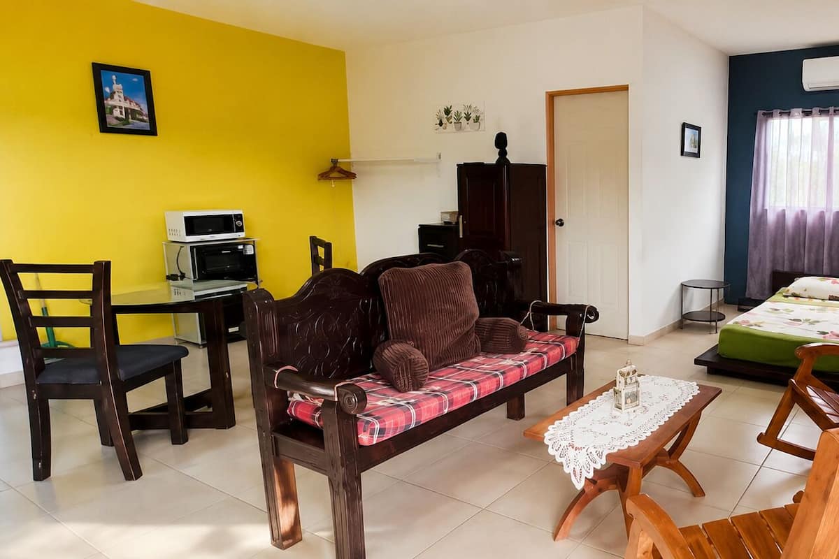 A room with a bed, a sofa, a table, a chair, a desk, and a microwave.