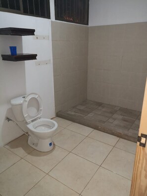 A bathroom with a toilet, a shower area, and a tiled floor.