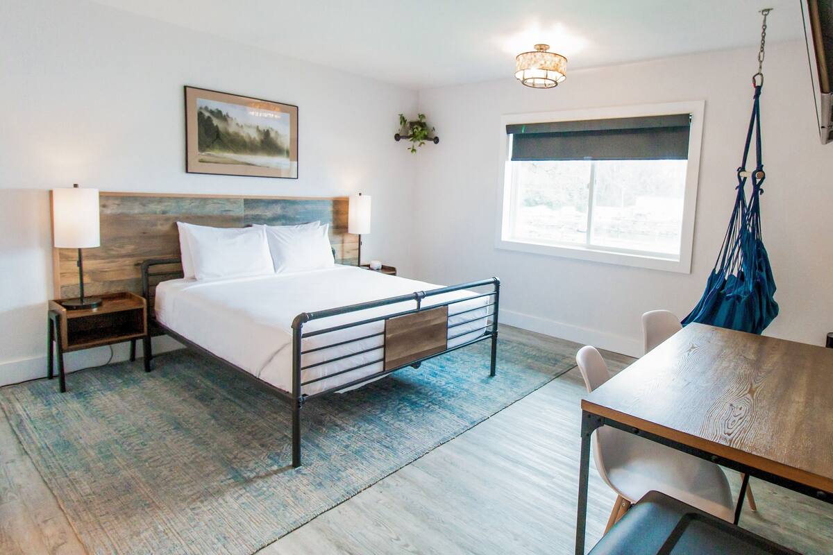 A hotel room with a bed, bedside tables, a hanging chair, a window, and a painting on the wall.