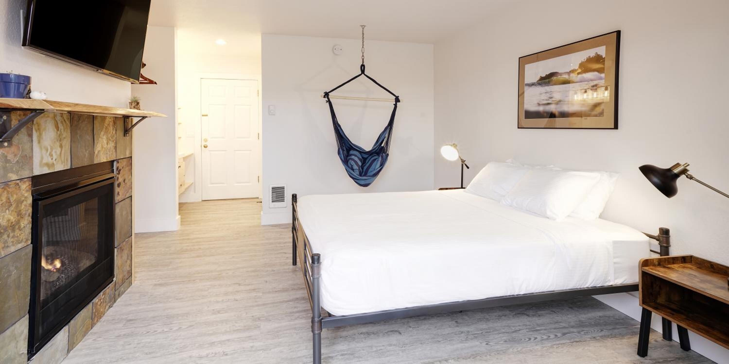 A bedroom with a bed, a hanging chair, a TV, a fireplace, and a framed picture on the wall.