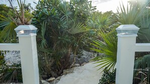 Ein Weg, der durch einen Garten mit weißen Säulen und tropischen Pflanzen führt.