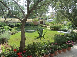 A well-maintained garden with a variety of plants and a bench.