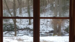 A room with a large window overlooking a snowy forest. - Entire Cottage with Additional Creek Cabin - Fallingwater Ohiopyle Seven Springs (Normalville)