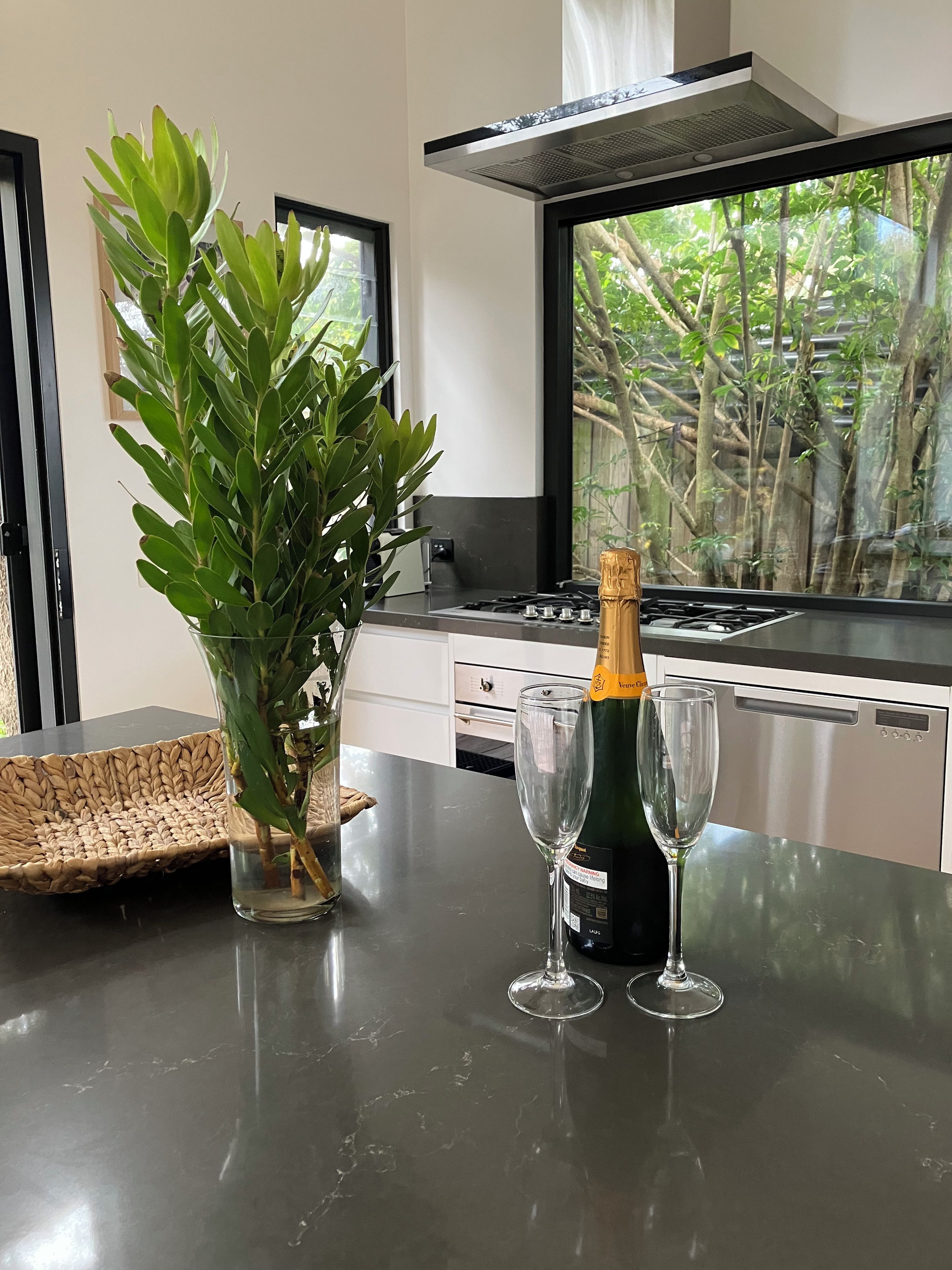 Une cuisine dotée d’une cuisinière moderne, d’une grande fenêtre donnant sur un paysage verdoyant et d’une bouteille de champagne posée sur le plan de travail.