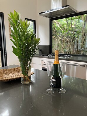 A kitchen with a modern stove, a large window with a view of greenery, and a glass of champagne on the counter.
