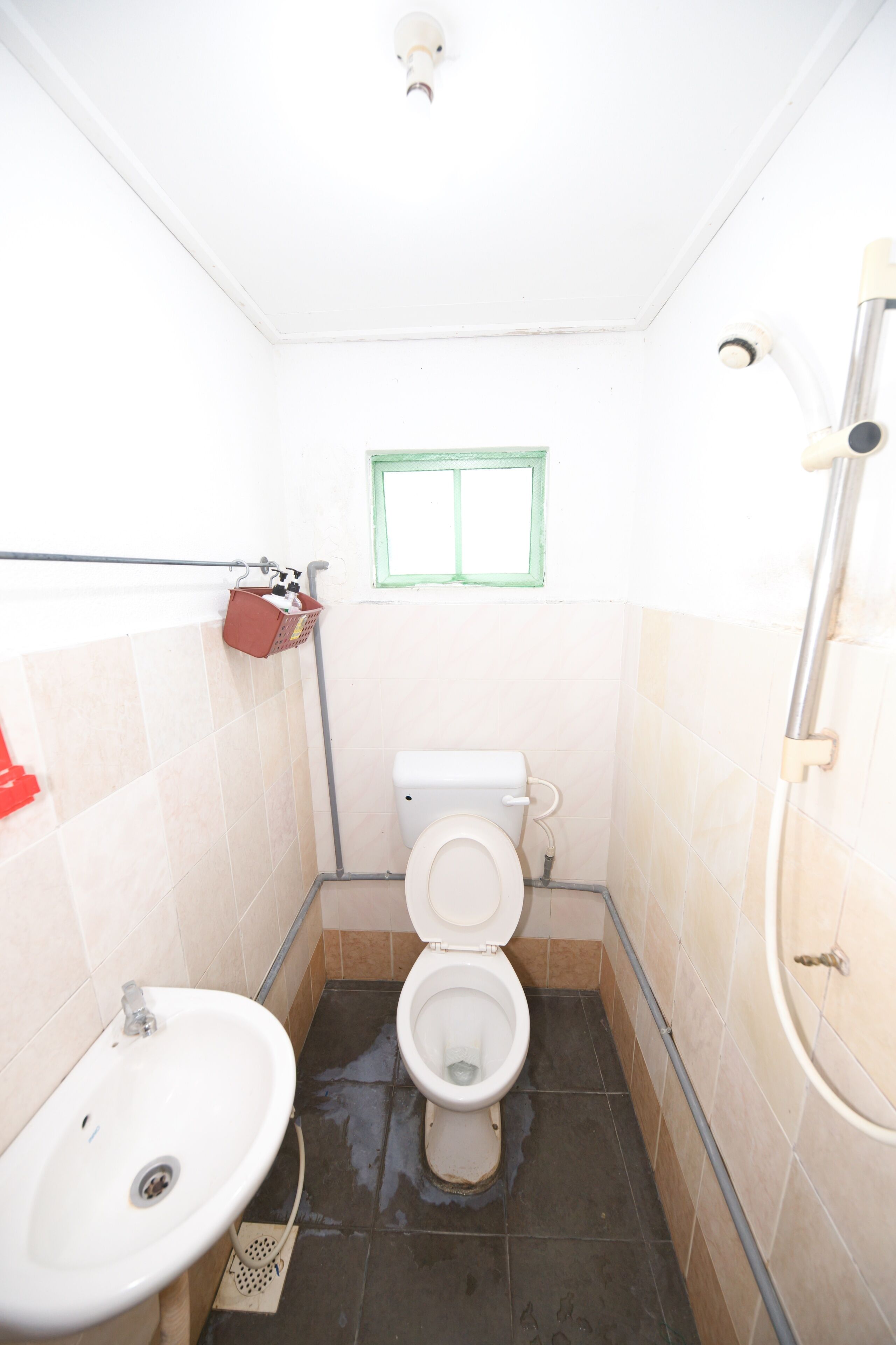 A small, narrow bathroom with a toilet, sink, and shower.