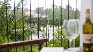 Ein Balkon mit Blick auf einen Fluss, Palmen und Häuser im Hintergrund.